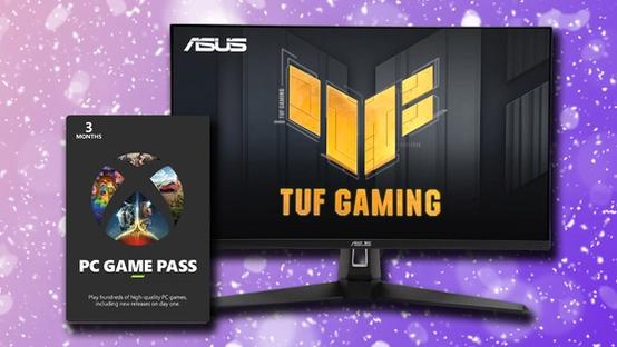 A gray PC Game Pass next to a black ASUS monitor featuring yellow TUF Gaming branding on the display. Both products are in front of a pink and purple gradient snowy background.