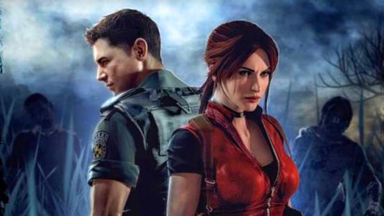 Chris Redfield and Claire Redfield are standing next to each other in cemetery filled with zombies 