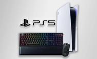 PS5 logo in black next to a white and black PS5 and a black Razer keyboard with multicolored lighting behind the keys and a black wireless Razer mouse beneath it.