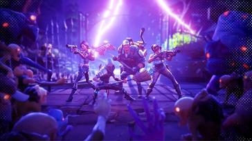 Fortnite characters firing a laser gun.