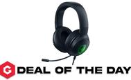 A black over-ear gaming headset featuring green Razer branding above Gfinity Deal of the Day branding.